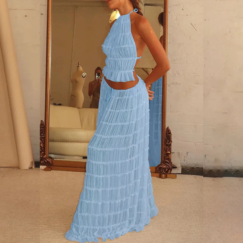 Female 2 Piece Set Skirt Suit Women Sling Halter Short Tops Sleeveless Backless Skirts Long Summer Sexy Outfits 240423
