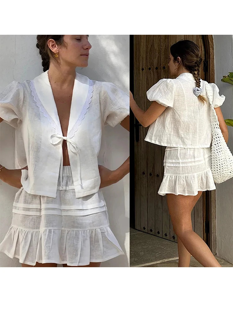 Lace Up Shirts Skirt Suits for Women Doll Collar Bow Puff Short Sleeve Single Breasted Mini Skirts Summer Fashion Lady Sets 240429