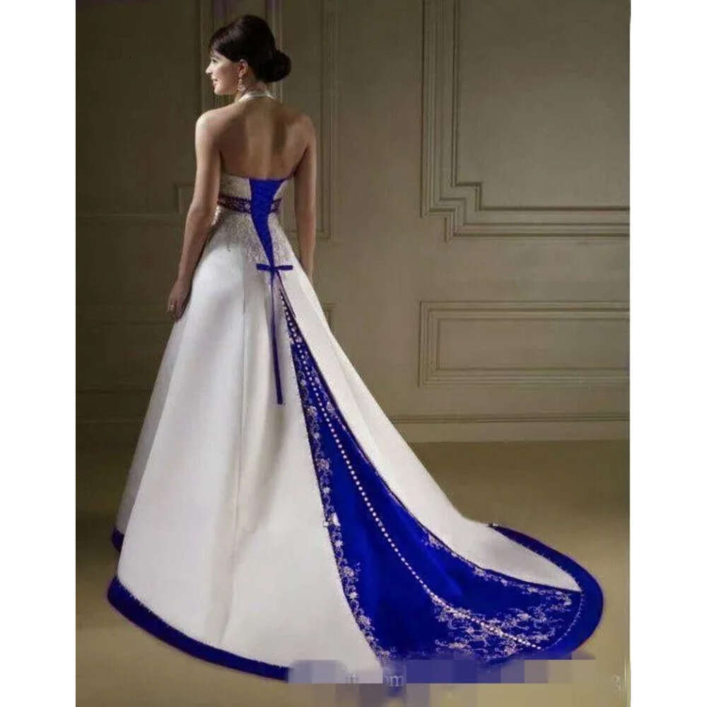 Royal Vintage Red Dresses Blue Dark Ivory A Line Halter Embroidery Lace Appliqued Beaded Crystal Buttons Wedding Bride Gown ppliqued