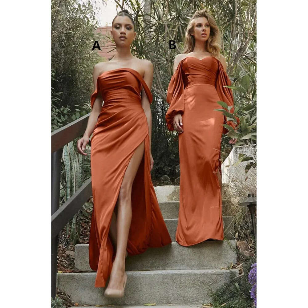 Off Sheath Dark Bridesmaid The Orange Dresses Shoulder Long Sleeves Side Slit Beach Plus Size Wedding Guest Gowns Custom Made Formal Evening Wear 0513