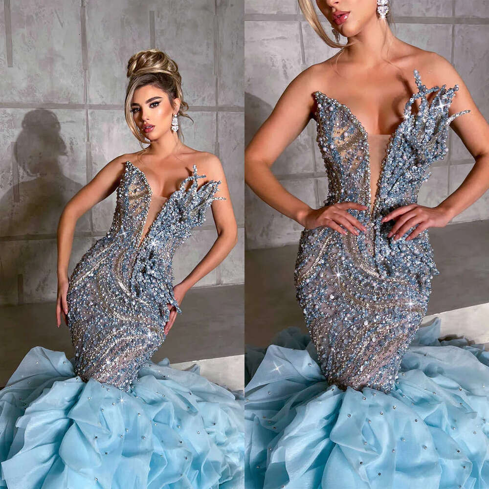 Beads Sweetheart Mermaid Prom Irregular Pearls Dresses Designer Tiered Pleat Sweep Train Custom Made Plus Size Party Evening Dress Vestido De Noite Lz