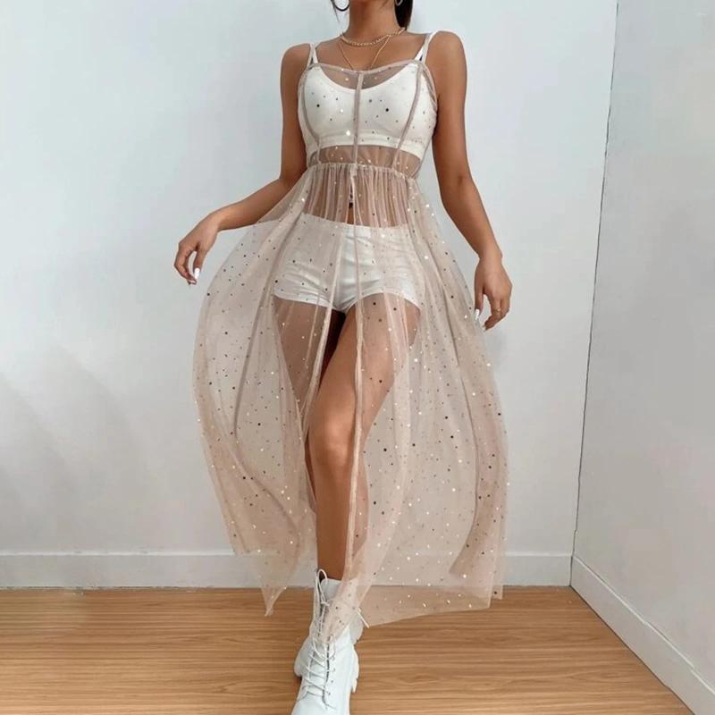 Fashion Beach Cover Up Dress Perspective Mesh Shiny Glitter Decoration Front Opening Bikini Vacation Swimsuit Woman 2024