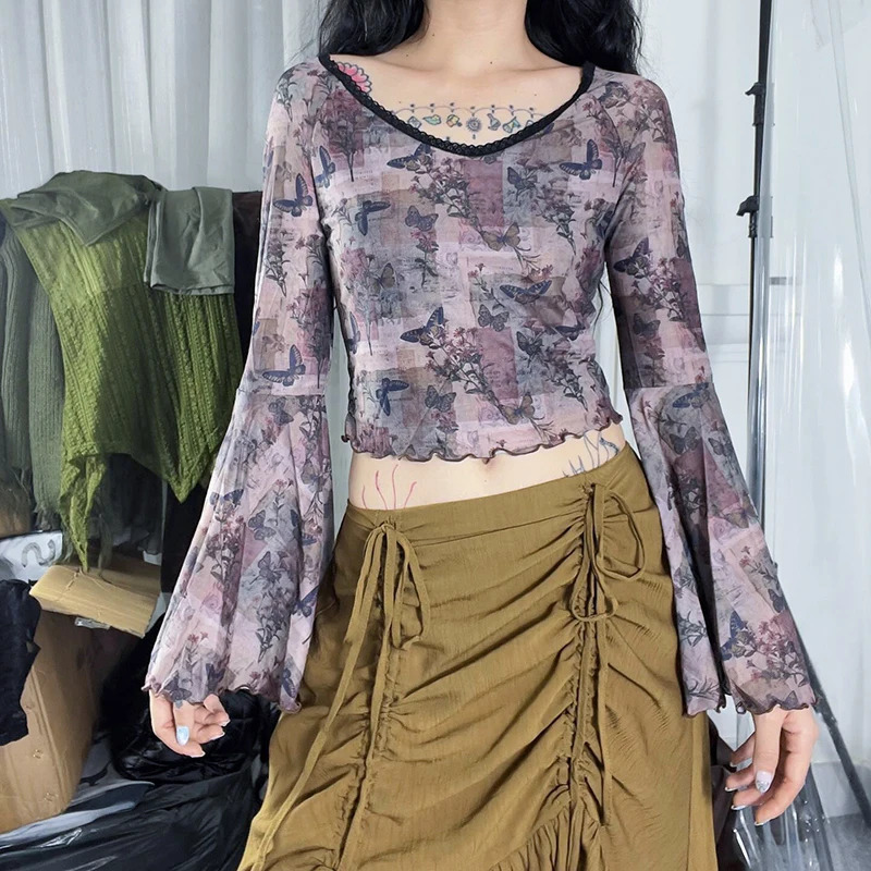 Y2K Vintage Lace Mesh See Through Long Sleeve T-Shirts Sexy Butterfly Floral Print Off-Shoulder Summer Tops Fashion Women Tees 240506