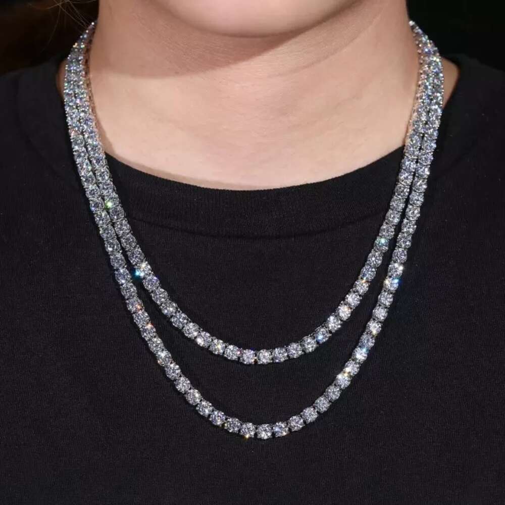 Wholesale Iced Out Silver 925 Lab Grown Free Fire Moissanite Diamonds Clustered Tennis Chain Necklace