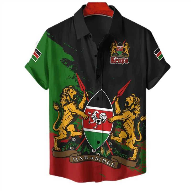 Men's Casual Shirts Kenya Map Flag Graphic Short Slve Shirts For Men Clothes Casual Hawaiian Flower Blouses National Emblem Shirt Boy Lapel Blous