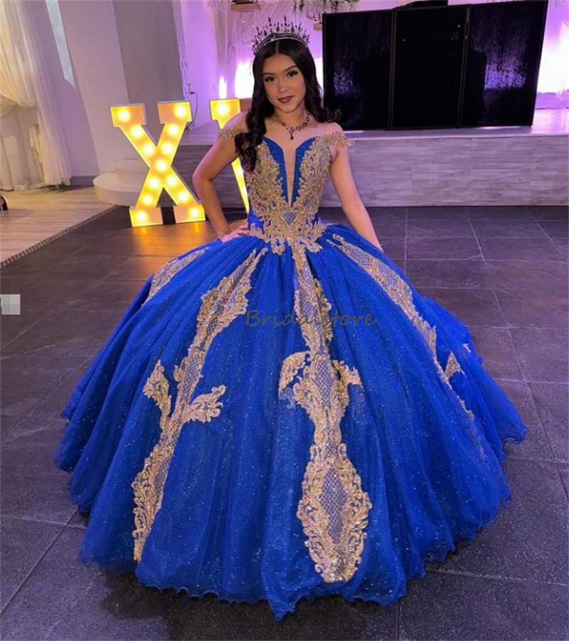 Blue Quinceanera Dresses 2024 Sparkly Ball Gown Gold Appliques Vestidos De Xv 15 Anos Luxury Off Shoulders Shine Sixteen Party Dress Birthday Sweet 16