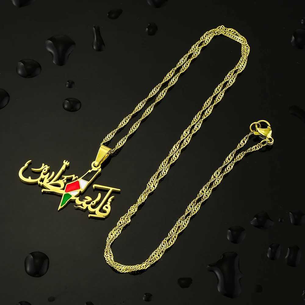 Pendant Necklaces Palestine Fashion National Map Flag Pendant Necklace Stainless Steel Gold Silver Mens Ethnic Map Jewelry Gift H240504