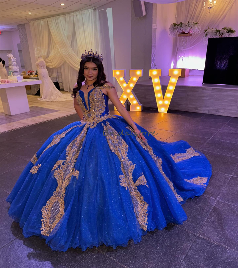 Blue Quinceanera Dresses 2024 Sparkly Ball Gown Gold Appliques Vestidos De Xv 15 Anos Luxury Off Shoulders Shine Sixteen Party Dress Birthday Sweet 16