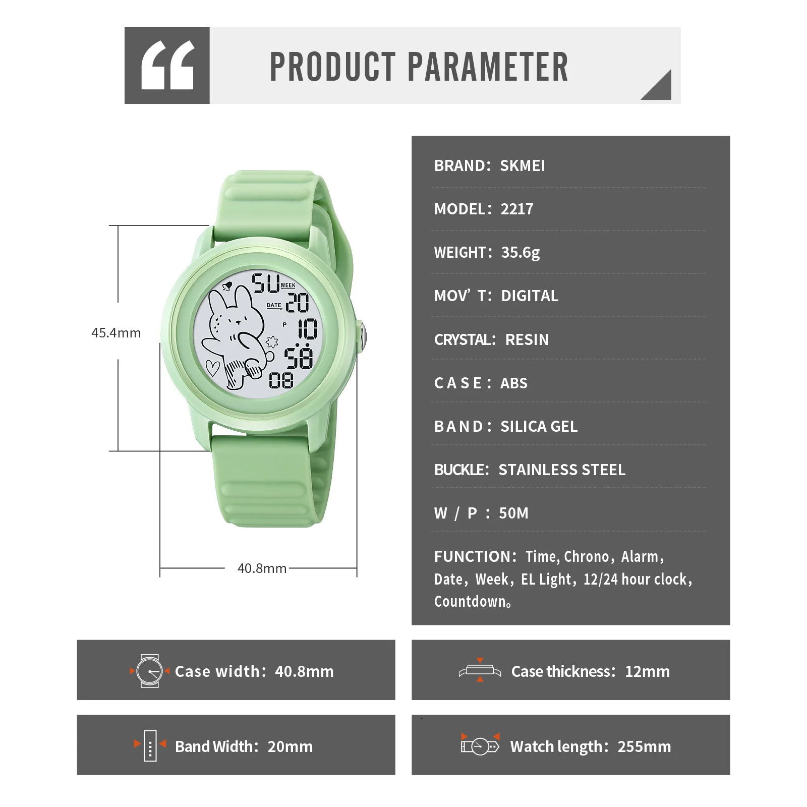 SKMEI Cute Cartoon Rabbit Pattern Countdown Sport Digital Watches For Children Boys Girls Back Light Kids Wristwatch Alarm Clock 240428