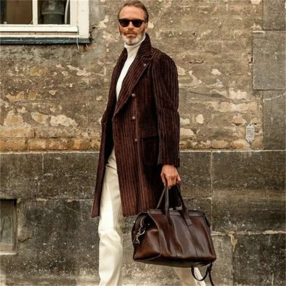 Brown Suits Custom Made Men Handsome Corduroy Double Breasted Tuxedos Peaked Lapel Blazer Business Long Coat