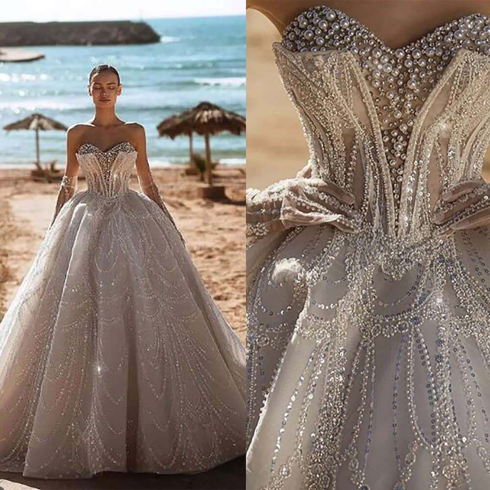 Ball Pearls Exquisite Dresses Beads Wedding Gown Sweetheart Lace Sequins Designer Backless Sweep Train Custom Made Bridal Plus Size Vestidos De Novia 