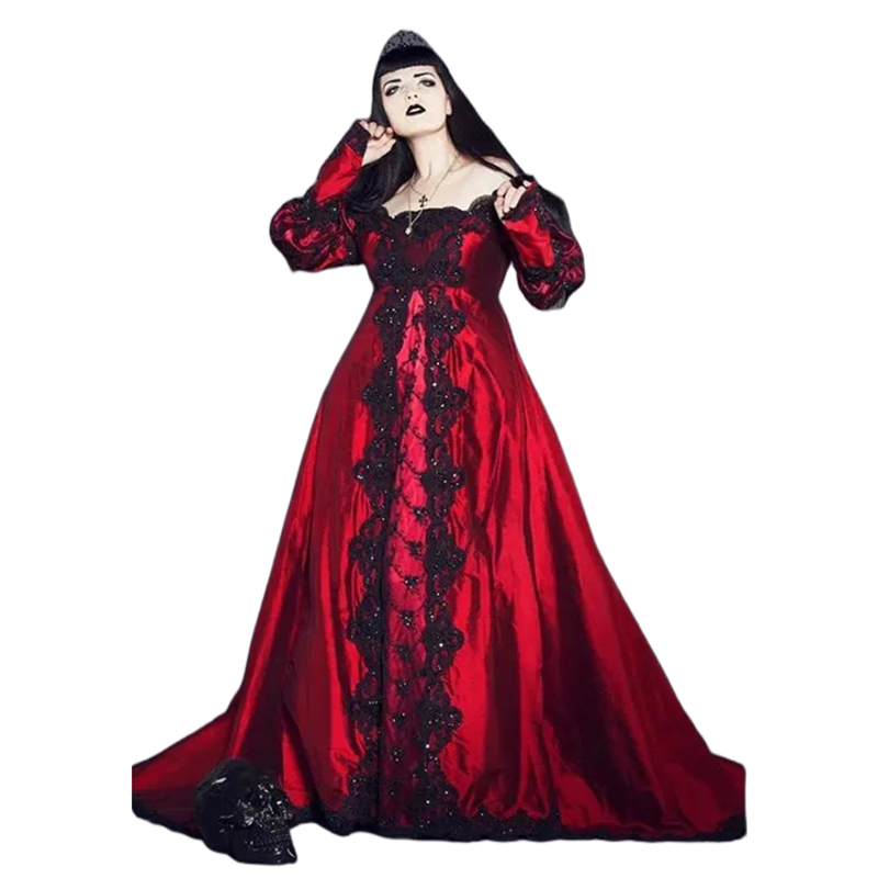 Vintage Black And Red Gothic Wedding Dresses With Detachable Lace Wrap Long Sleeves Ruched Off Shoulder A Line Historical Masquerade Dress For Women