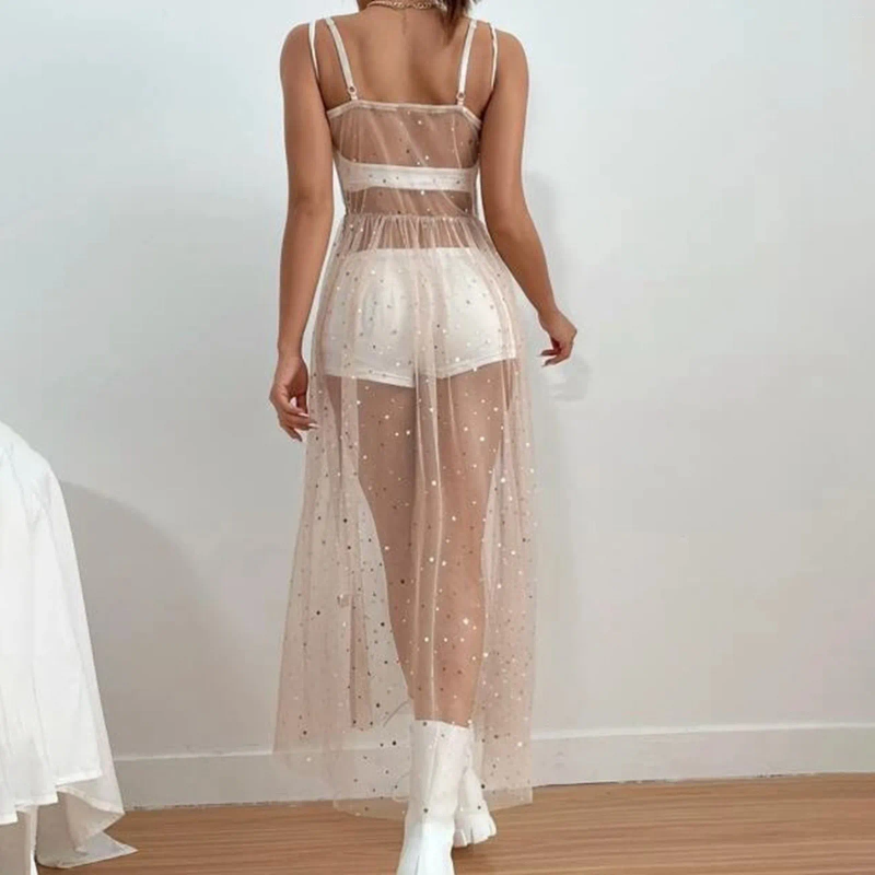 Fashion Beach Cover Up Dress Perspective Mesh Shiny Glitter Decoration Front Opening Bikini Vacation Swimsuit Woman 2024
