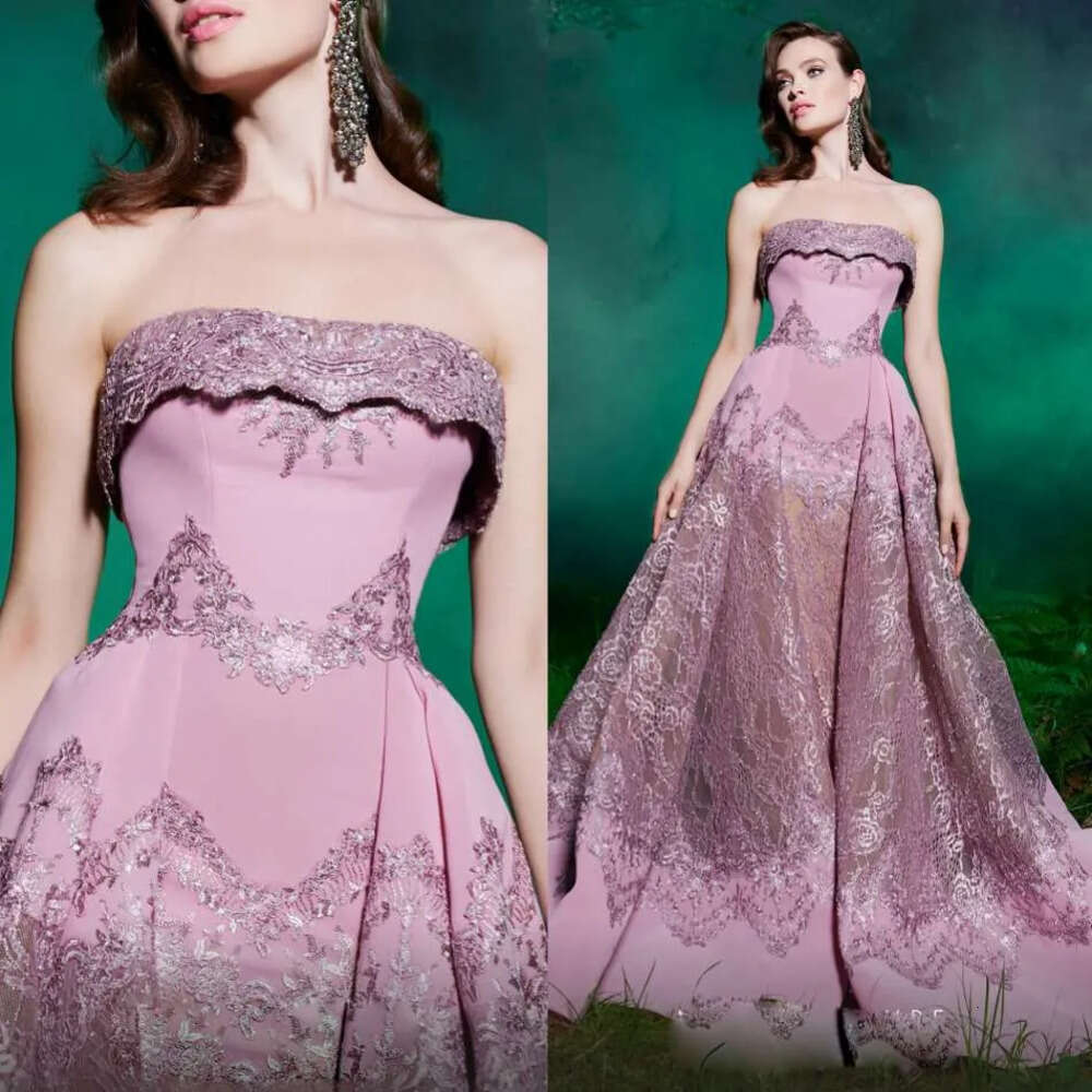 E Vestido Pink Evening Elegant A Long Prom Dresses Strapless Illusion Lace Appliques Sweep Train Formal Party Gowns Ppliques vening legant ppliques