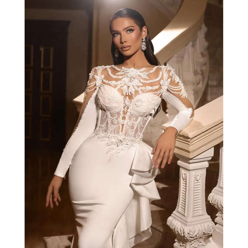 Sleeve Unique With Wedding Mermaid Dress Long Illusion Bodice Applique Satin Cowl Bac Formal Ocn Custom Made Tulle or-Length