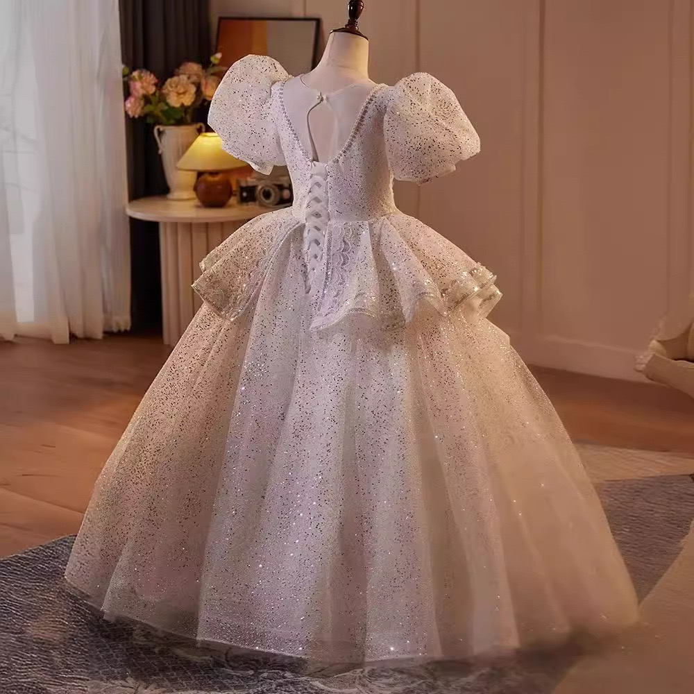 2024 Gorgeous Flower Girl Dresses For Wedding Sheer cap Sleeve Lace Applique Back Girls Pageant Gowns Princess Dresses Party Princess Dress Children k