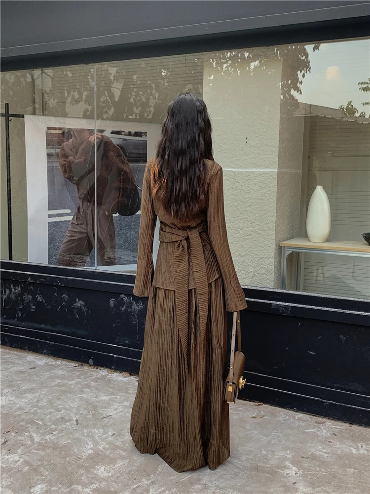 CHEERART Brown Pleate Elegant 2 Piece Sets Women Outfit V Neck Long Sleeve Cardigan Top And Maxi Skirt Set Fall Clothes 240423