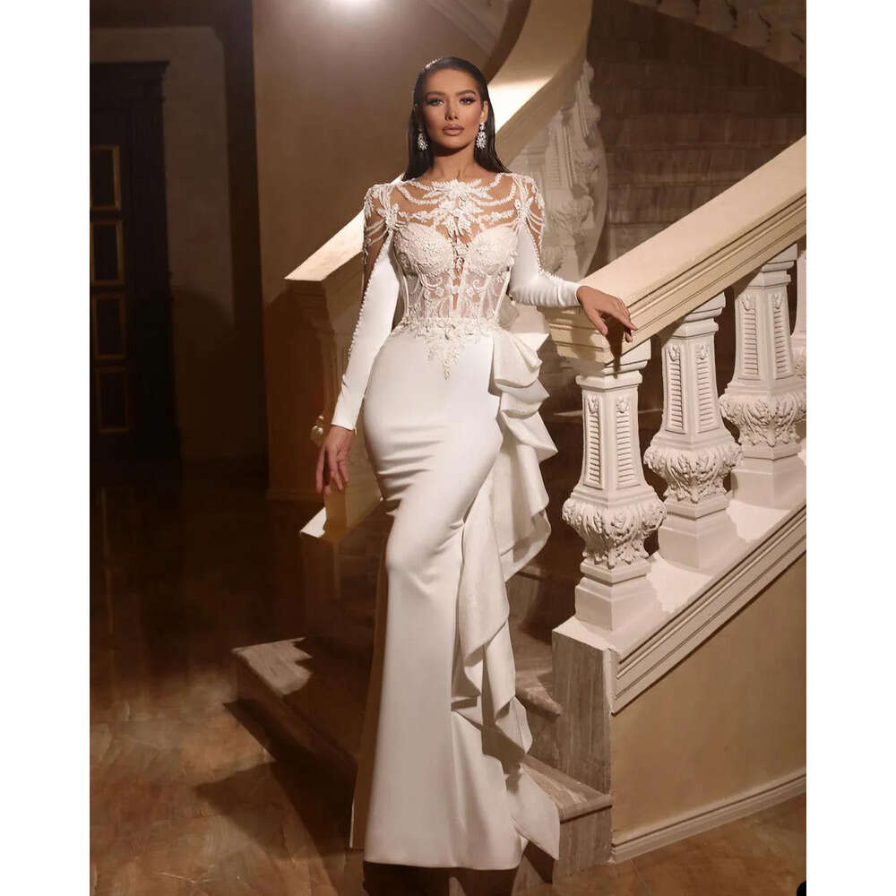Sleeve Unique With Wedding Mermaid Dress Long Illusion Bodice Applique Satin Cowl Bac Formal Ocn Custom Made Tulle or-Length