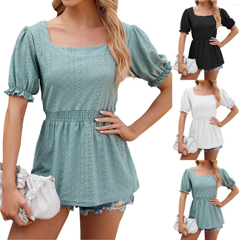 Womens T Shirts Fashion Solid Color Square Neck Short Sleeve Waist Tie T-Shirt Top Women Blouse 2024 Shirt For Cloth