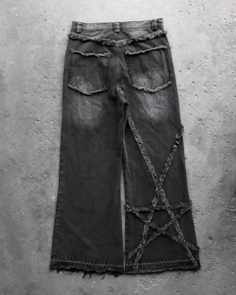 Harajuku fashion high-waisted baggy jeans High Street retro stars furred jeans Men y2k Goth casual straight leg wide-leg pants 240429