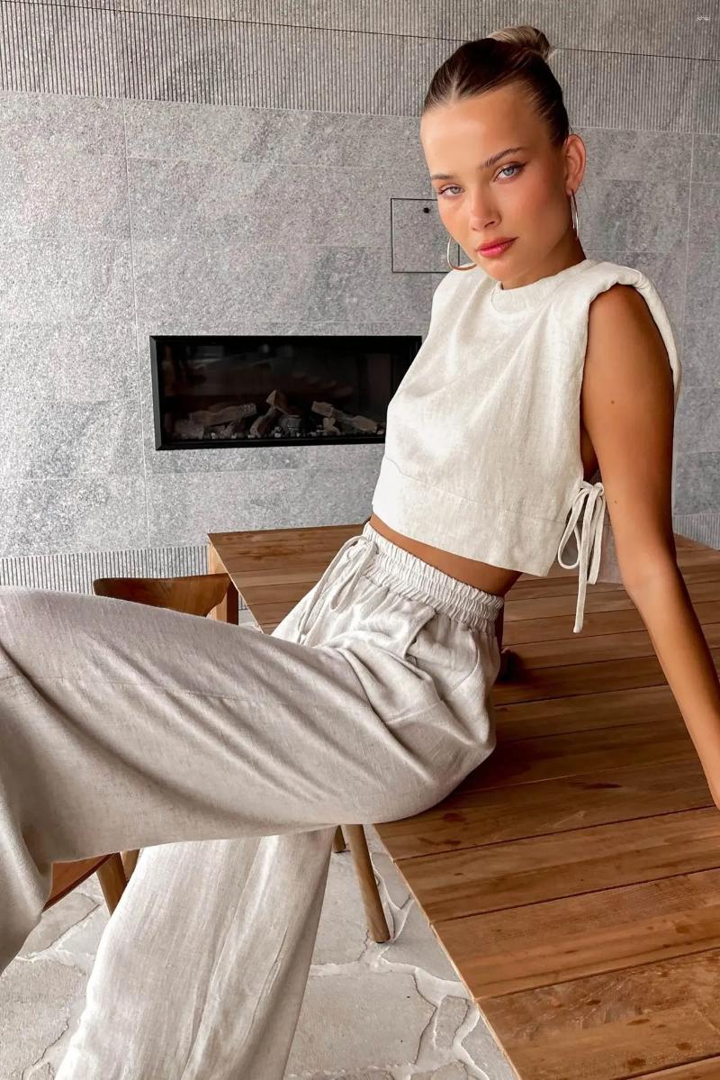 Womens Two Piece Pants Cotton Linen Sets Khaki Summer Women 2 2024 Fashion Lace-Up Crop Tops Vacation Elastic Waist Loose Long Suits