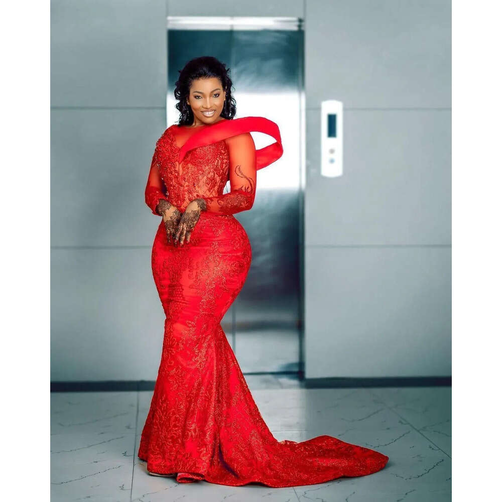 Evening Long Sleeves Designer Lace Red Dresses Applique Beaded Jewel Neck Plus Size Pleats Prom Gown Formal Custom Made Vestidos