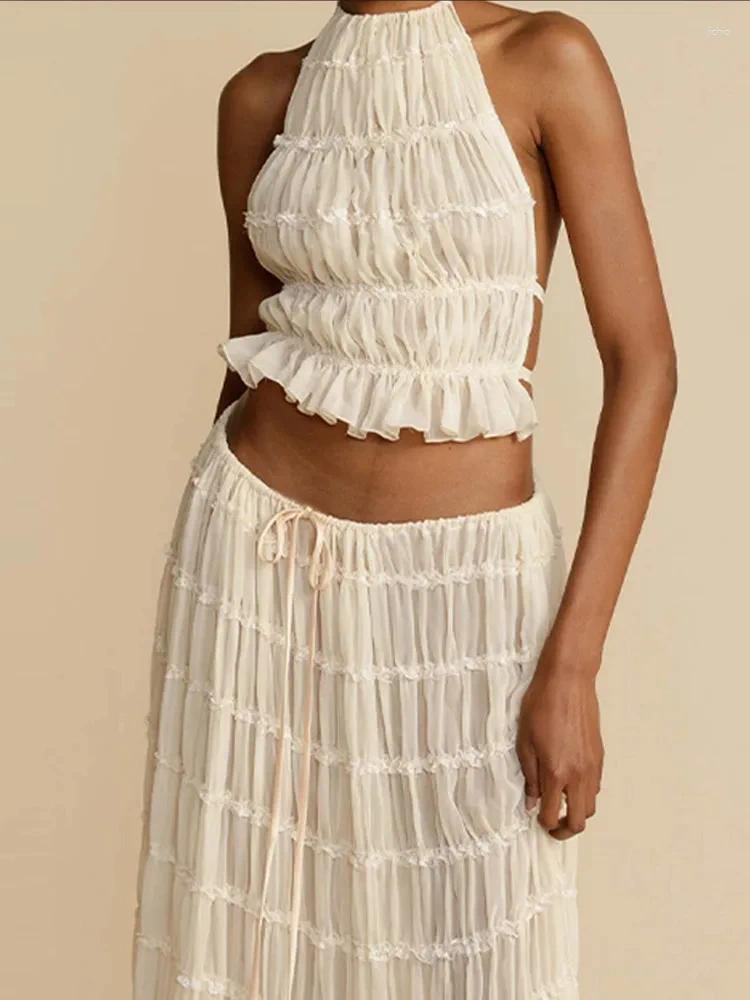 Casual Dresses 2024 Folds Long Skirt Set For Women Sexy Sleeveless Backless Cropped Halter Tops Drawstring Skirts 2 Piece Sets