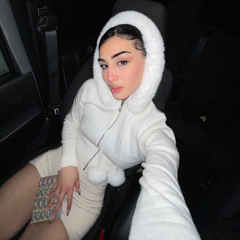 Women's Jackets Y2K Grunge Fur Knitted Jackets Double Zipper Vintage Cropped Coat Women Harajuku Aesthetic Cute Chic Jumpers Korean Outfits 23112