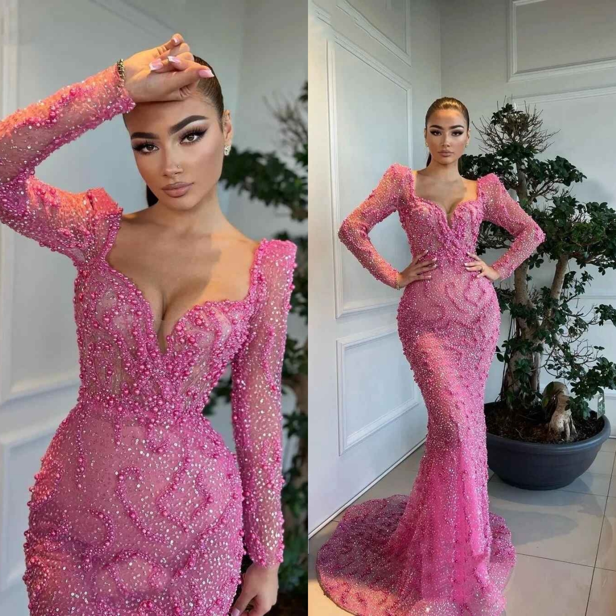 Sexy Mermaid Prom Dresses Square Long Sleeve Sweep TrainLace Appliques Sequins Beading Celebrity Evening Dresses Plus Size Custom Made L24744
