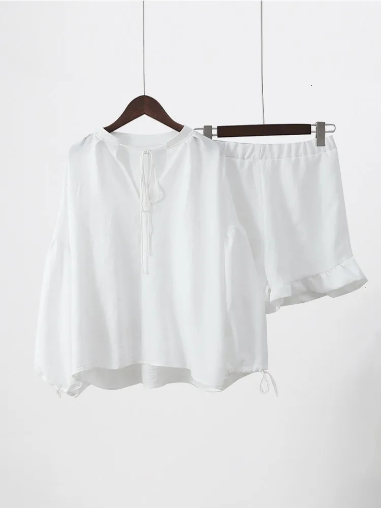 White Elastic Waist Shorts Two Piece Set For Women Commuting Long Sleeve Lace Up Shirt Suit Summer Female High Street Outfit 240423