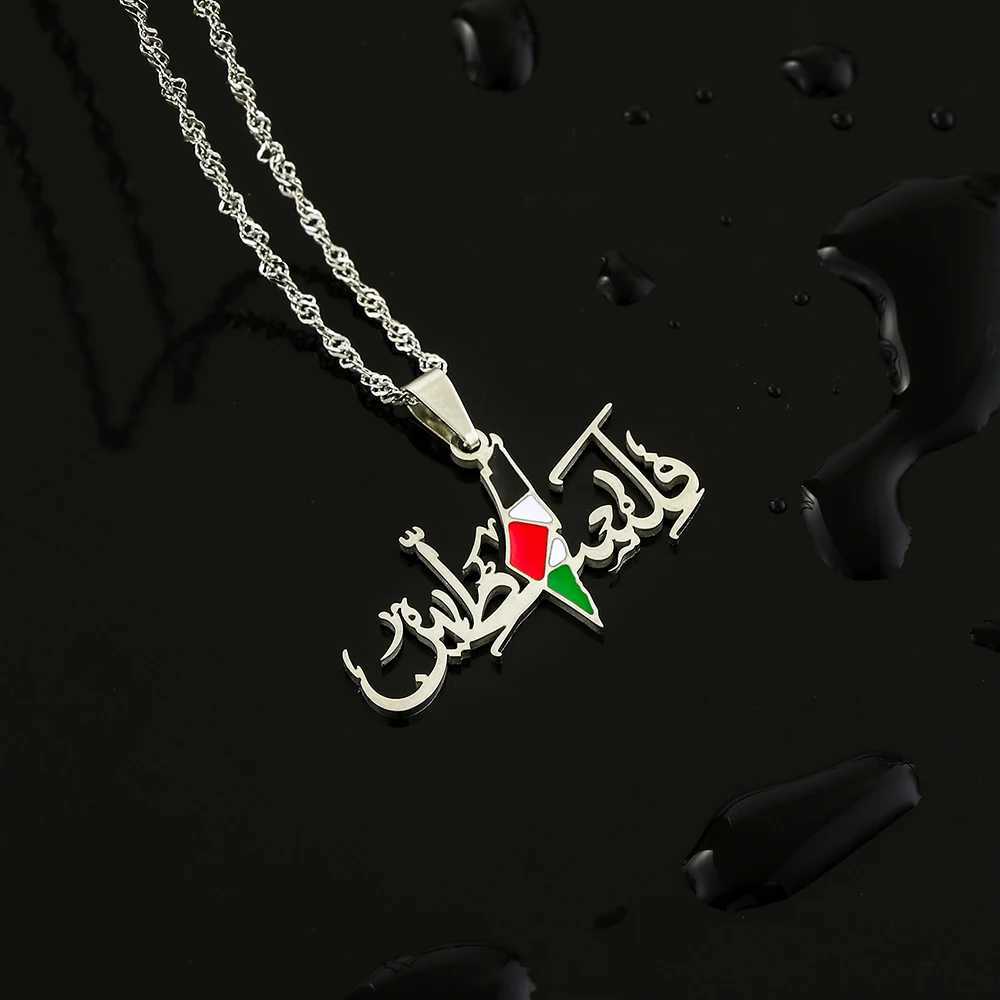 Pendant Necklaces Palestine Fashion National Map Flag Pendant Necklace Stainless Steel Gold Silver Mens Ethnic Map Jewelry Gift H240504