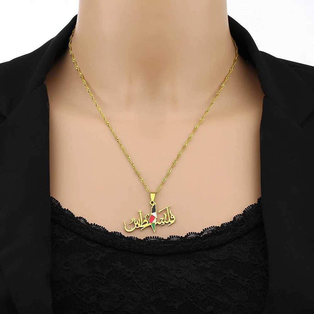 Pendant Necklaces Palestine Fashion National Map Flag Pendant Necklace Stainless Steel Gold Silver Mens Ethnic Map Jewelry Gift H240504