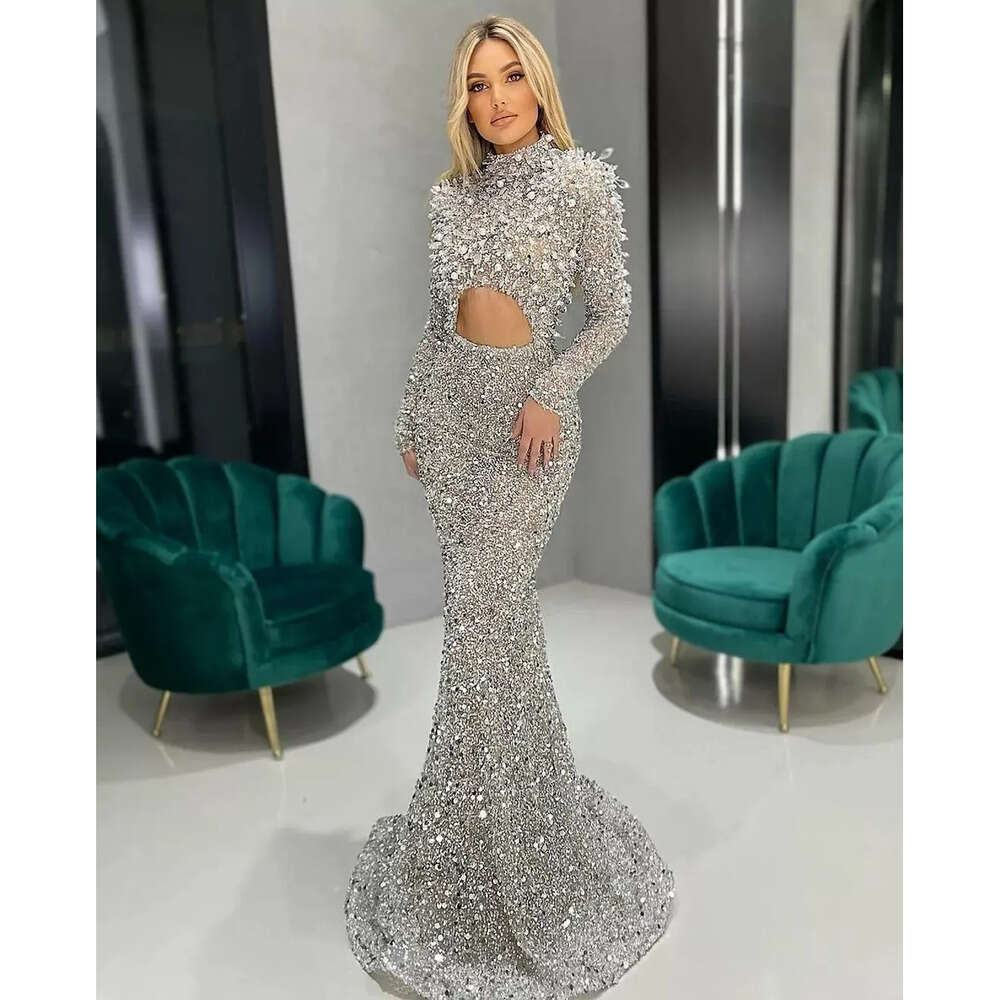 Green Sage Prom Dress Sequined High Neck Custom Formal Evening Party Gown