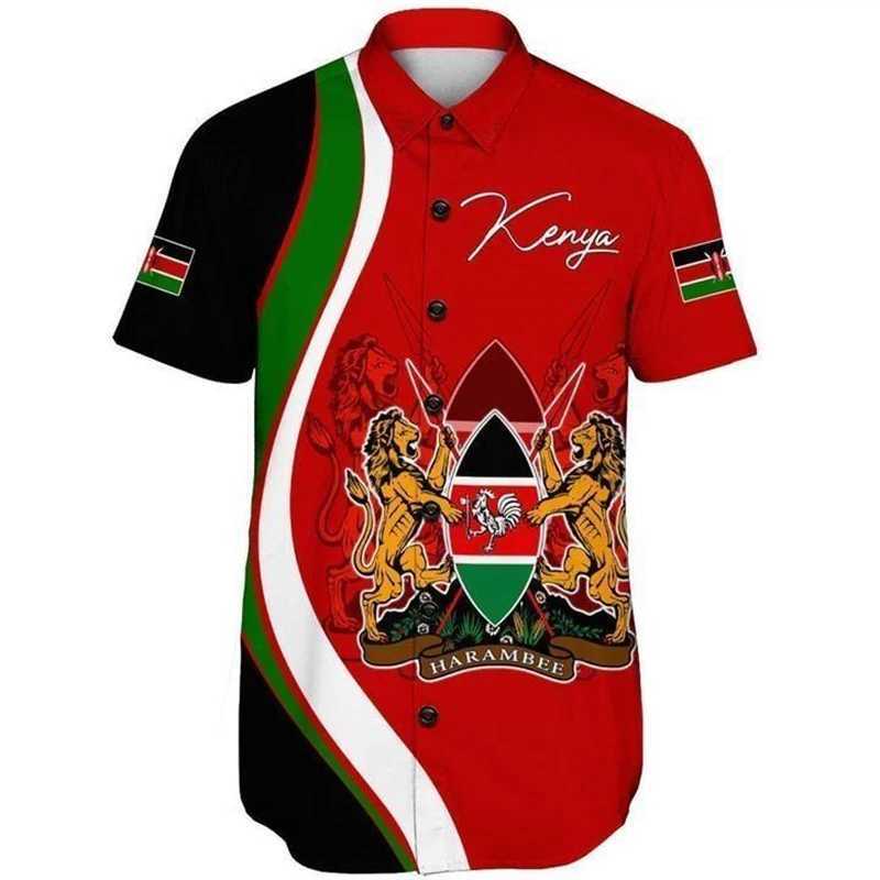 Men's Casual Shirts Kenya Map Flag Graphic Short Slve Shirts For Men Clothes Casual Hawaiian Flower Blouses National Emblem Shirt Boy Lapel Blous