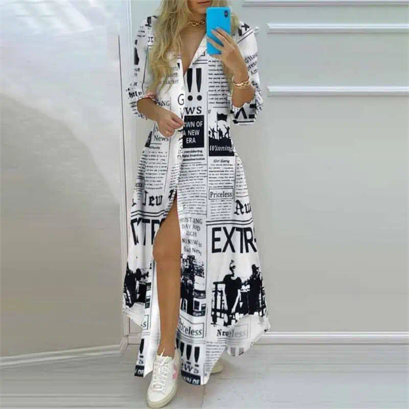 Casual Dresses Summer Women Boho Printed Long Shirts Elegant Dress Turn-down Collar Sleeve Female Split Shirt Evening Maxi