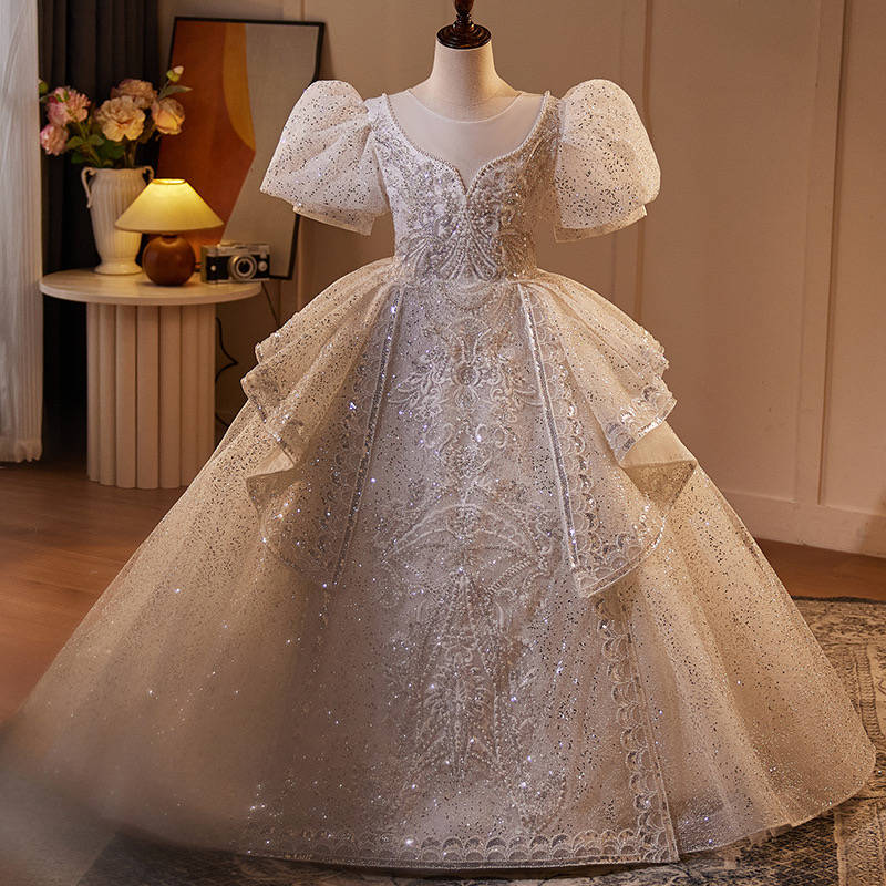 2024 Gorgeous Flower Girl Dresses For Wedding Sheer cap Sleeve Lace Applique Back Girls Pageant Gowns Princess Dresses Party Princess Dress Children k