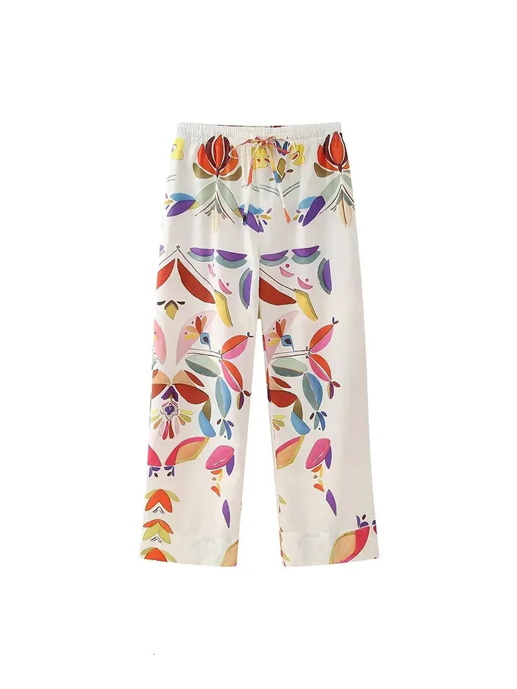 Nlzgmsj TRAF Spring Summer Printed Women Loose Shirt Suits Long Sleeve Casual Blouse Female Wide Pants Sets Y2K 240423