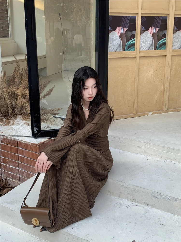 CHEERART Brown Pleate Elegant 2 Piece Sets Women Outfit V Neck Long Sleeve Cardigan Top And Maxi Skirt Set Fall Clothes 240423