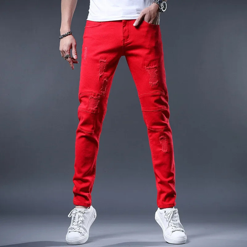 Mens Jeans Color Y2K Denim Jeans Streetwear Slim Straight Pants Holes Ripped Trousers Yellow Embroidered Jeans 240429