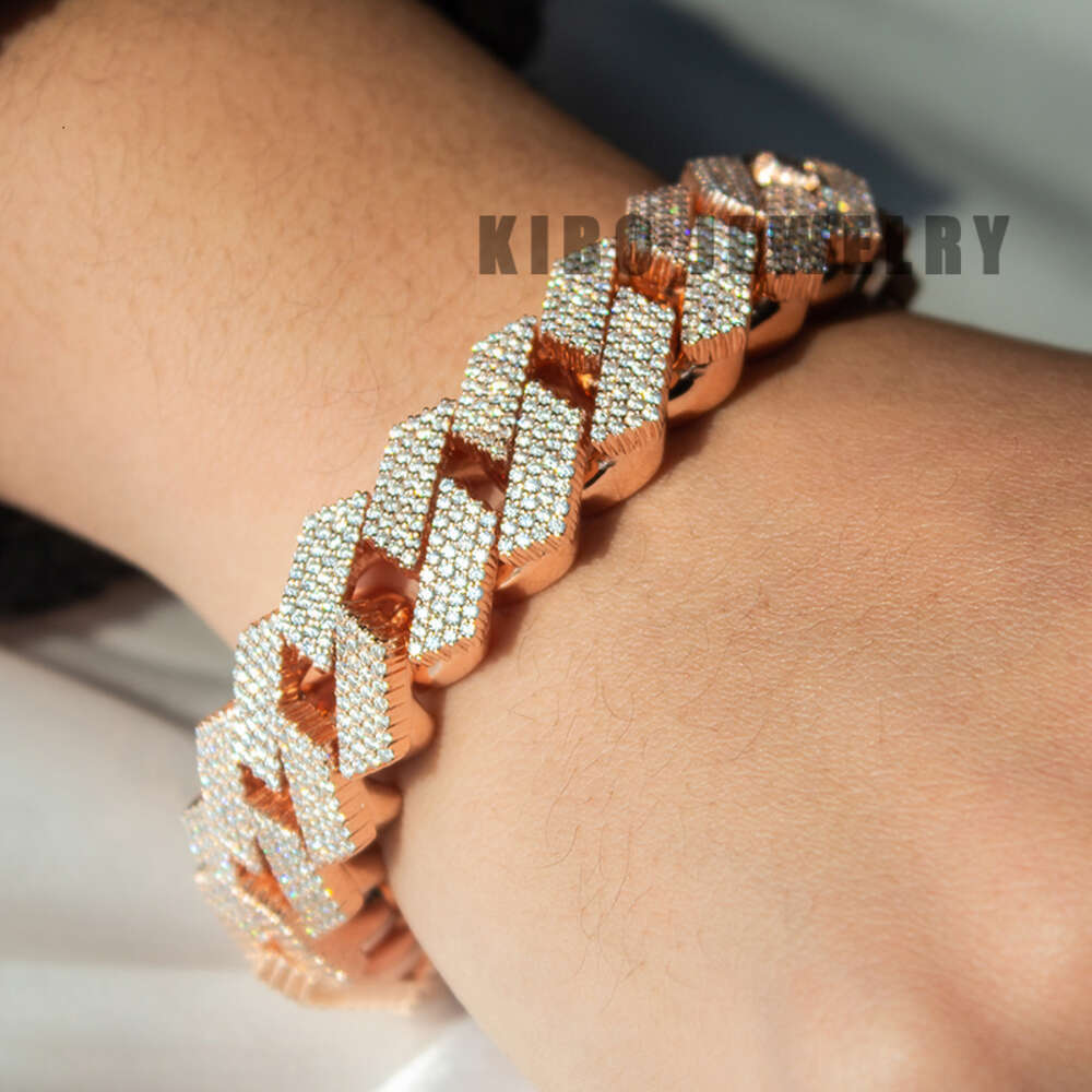 Fashion Hip Hop Jewelry for Men Iced Out S925 Silver with Rose Gold Plated Link Chain Moissanite Baguette Cuban Bracelet