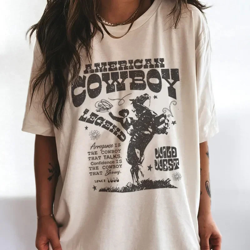70s Retro Oversized T Shirt American Cowboy Women Graphic TShirts Western Cowgirl Vintage Tees Hippie Boho Fashion Tshirt Tops 240420