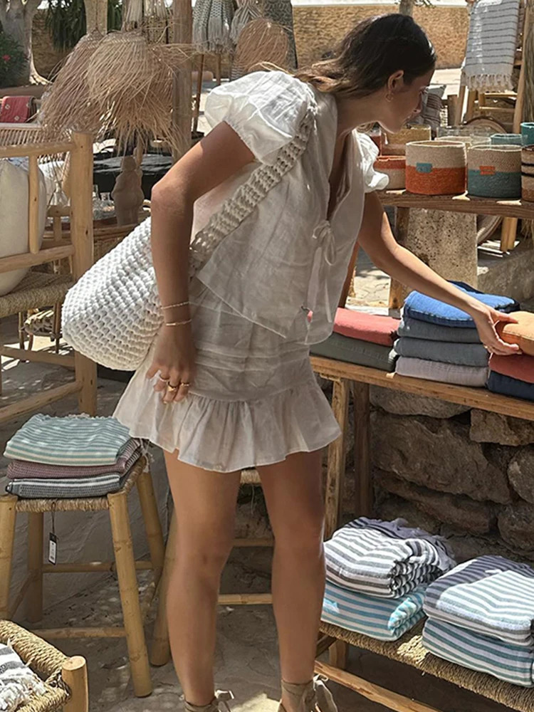 Lace Up Shirts Skirt Suits for Women Doll Collar Bow Puff Short Sleeve Single Breasted Mini Skirts Summer Fashion Lady Sets 240429