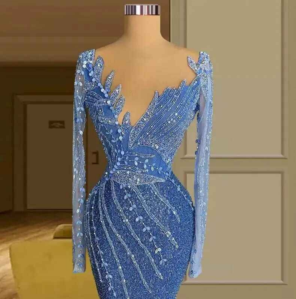 Blue Column Prom Dresses V-Neck Long-Sleeve Floor Length Lace Design Appliques Sequins Beading Celebrity Evening Dresses Plus Size Custom Made L24743