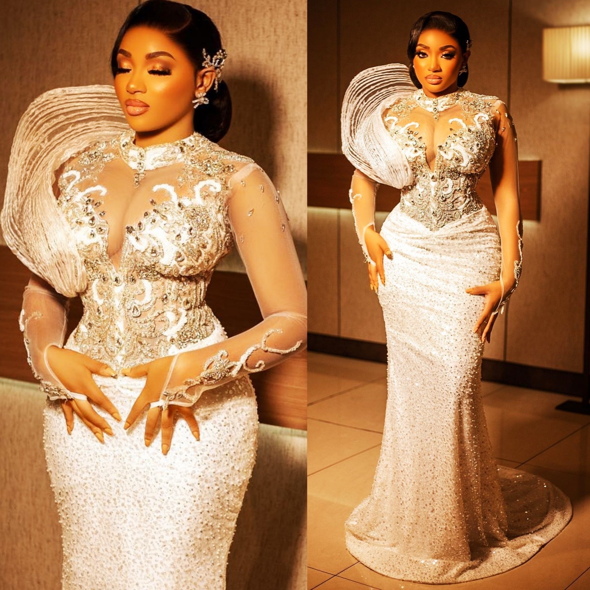 2024 Plus Size Prom Dresses for Black Women Promdress High Neck Long Sleeves Rhinestones Decorated Sequined Lace Birthday Dress Second Reception Gowns