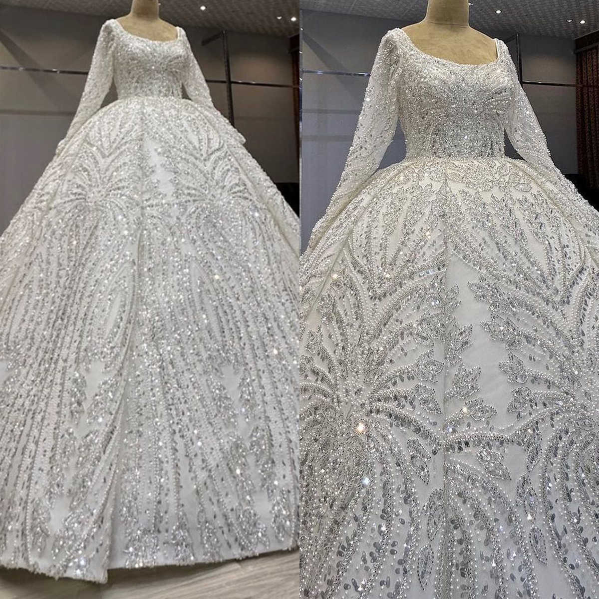 Luxury Ball Gown Wedding Dresses Appliques Pearls Pleats Lace Long Sleeves Square Backless Court Gown Custom Made Bridal Plus Size Vestidos De Novia