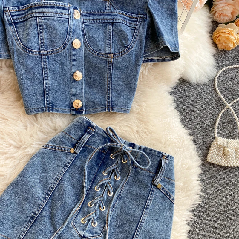 Amolapha Women Hollow out JeansSkirts Sets Short Sleeve Tank Tops Laced Denim Skirt Suits for Woman 240423