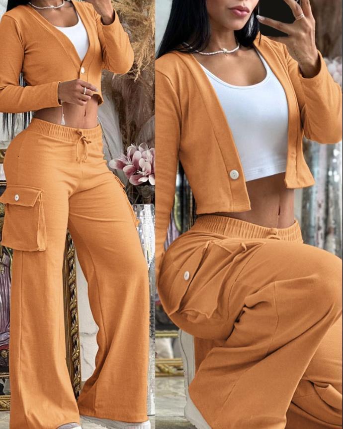 Women s Two Piece Pants DEAT Fashion Set Round Neck Zipper Cargo Jacket Motorcycle Coat High Waist Back Elastic 2023 Autumn 11XX6045 231201