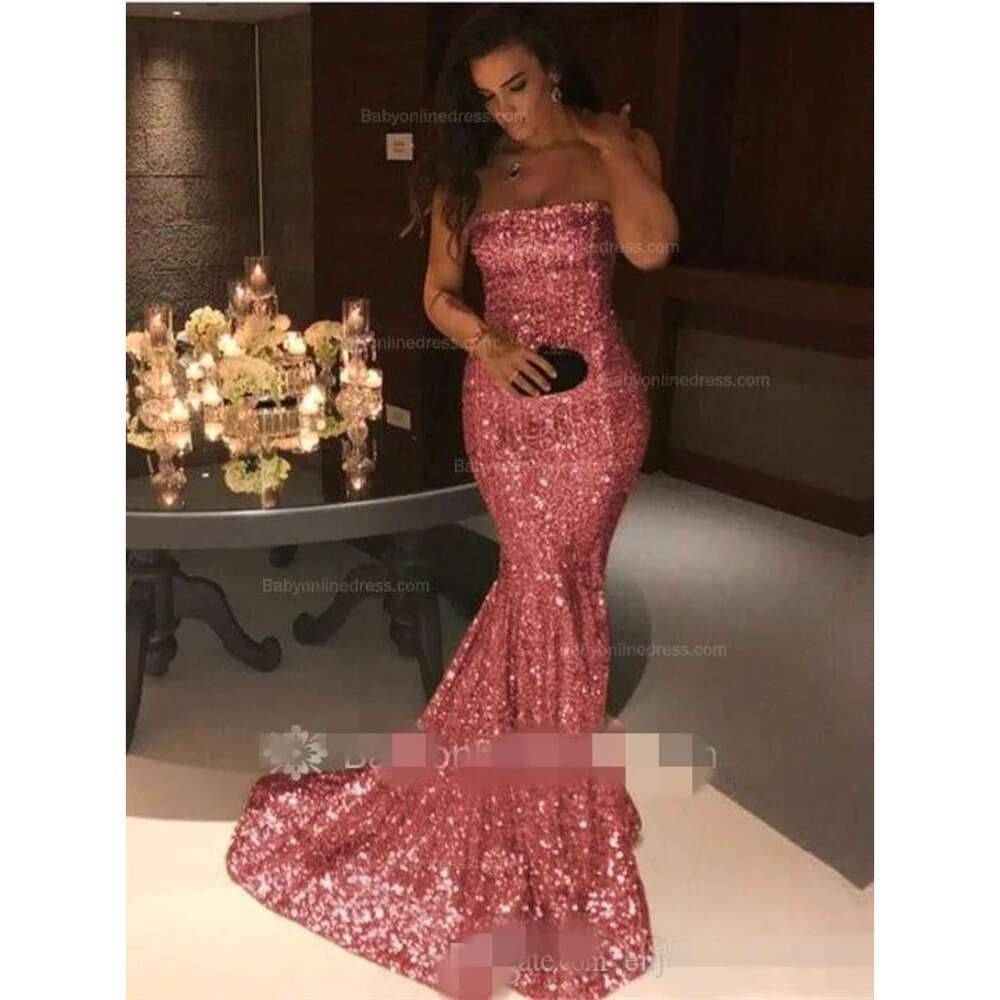 Mermaid Gold Elegant Evening Sier Sequins Dresses Strapless Sweep Train 2019 Custom Made Plus Size Prom Gown Formal Ocn Wear Lz0304