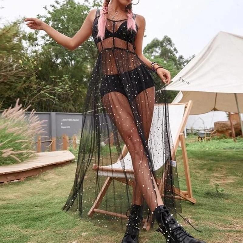 Fashion Beach Cover Up Dress Perspective Mesh Shiny Glitter Decoration Front Opening Bikini Vacation Swimsuit Woman 2024