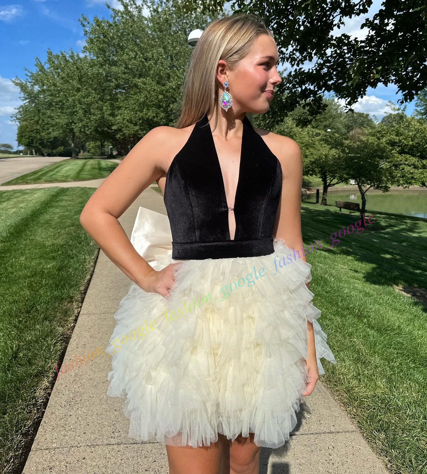 Velvet Halter Cocktail Party Dress Bow Fit-n-Flare Little Black Swan Lady Semi Formal Event Hoco Gala Graduation NYE Sweet 16 Dance Homecoming Holiday